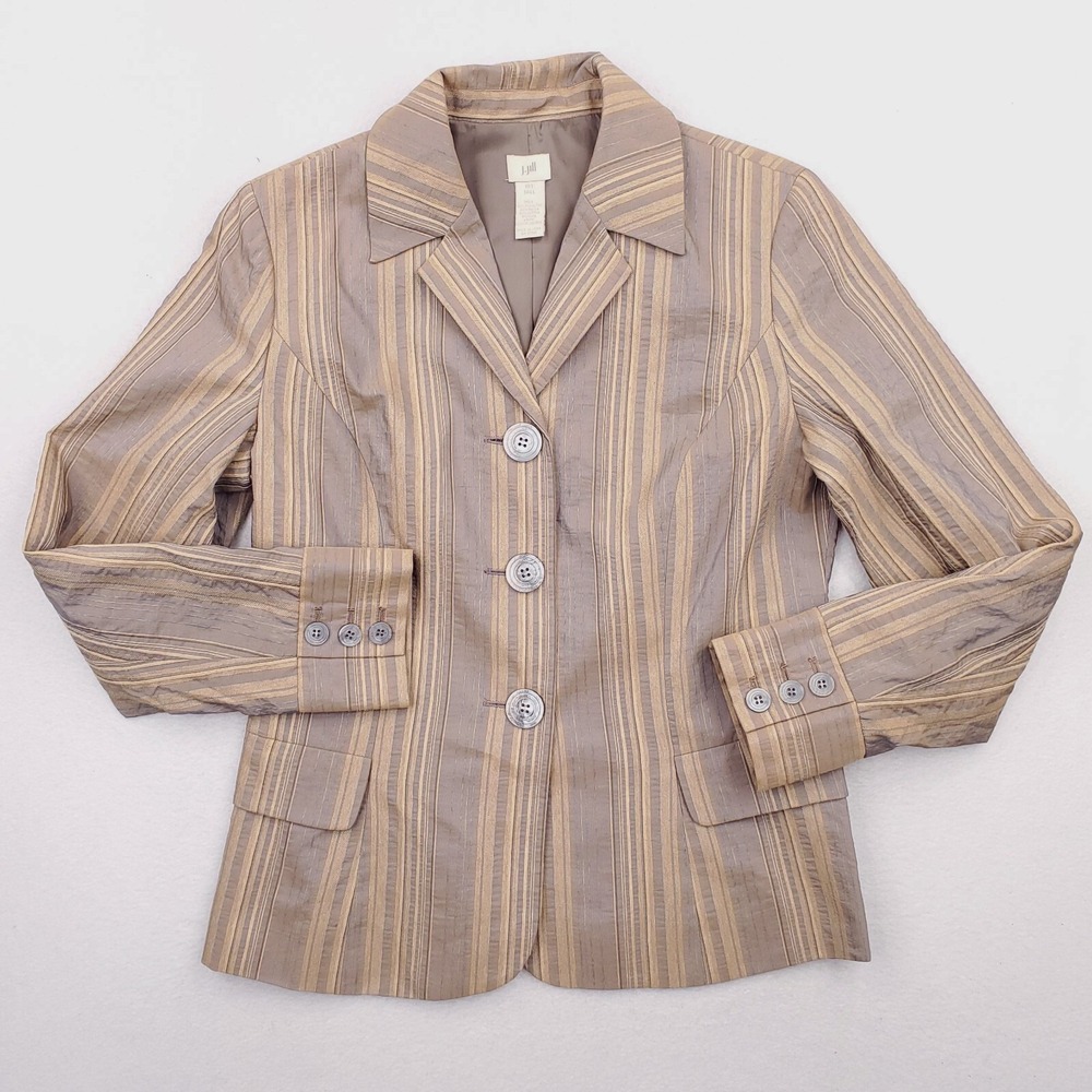 J Jill Jacket Womens 10 Tall Tan Taupe Blazer Abalone 3 Button Wool Blend Lined